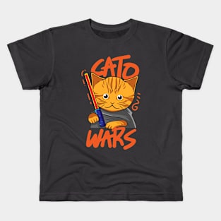 Illustration of a cute orange cat with a light saber Kids T-Shirt